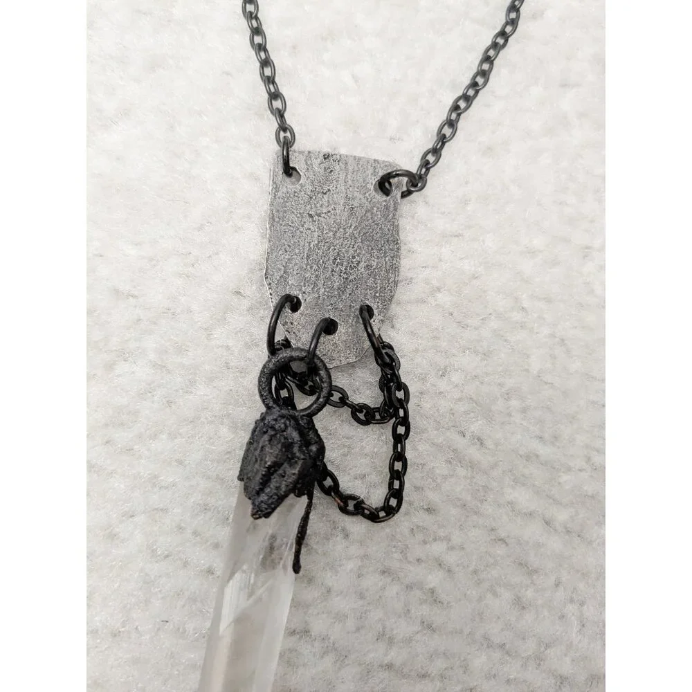 Raw Quartz Crystal Point Evil Eye Protective Talisman Necklace - Witchy, Gothic - Picture 6 of 7